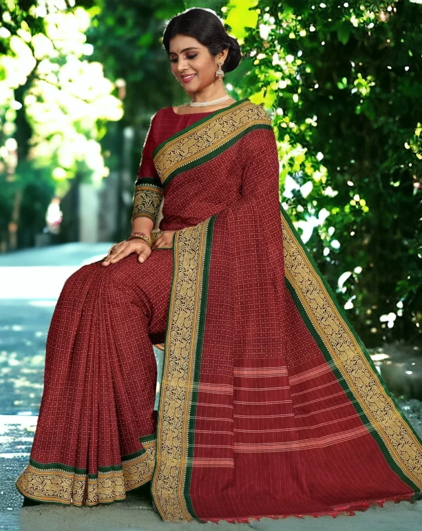 Maroon muthu kattam chettinad cotton saree