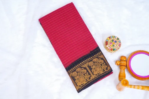 Red sungudi cotton saree with dark blue border