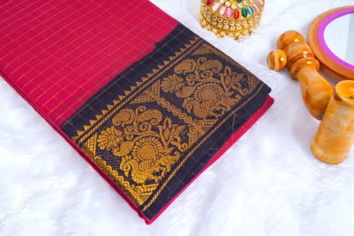 Red sungudi cotton saree with dark blue border