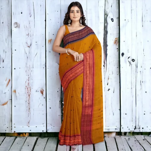 Chettinad cotton saree golden yellow with ganga jamuna border