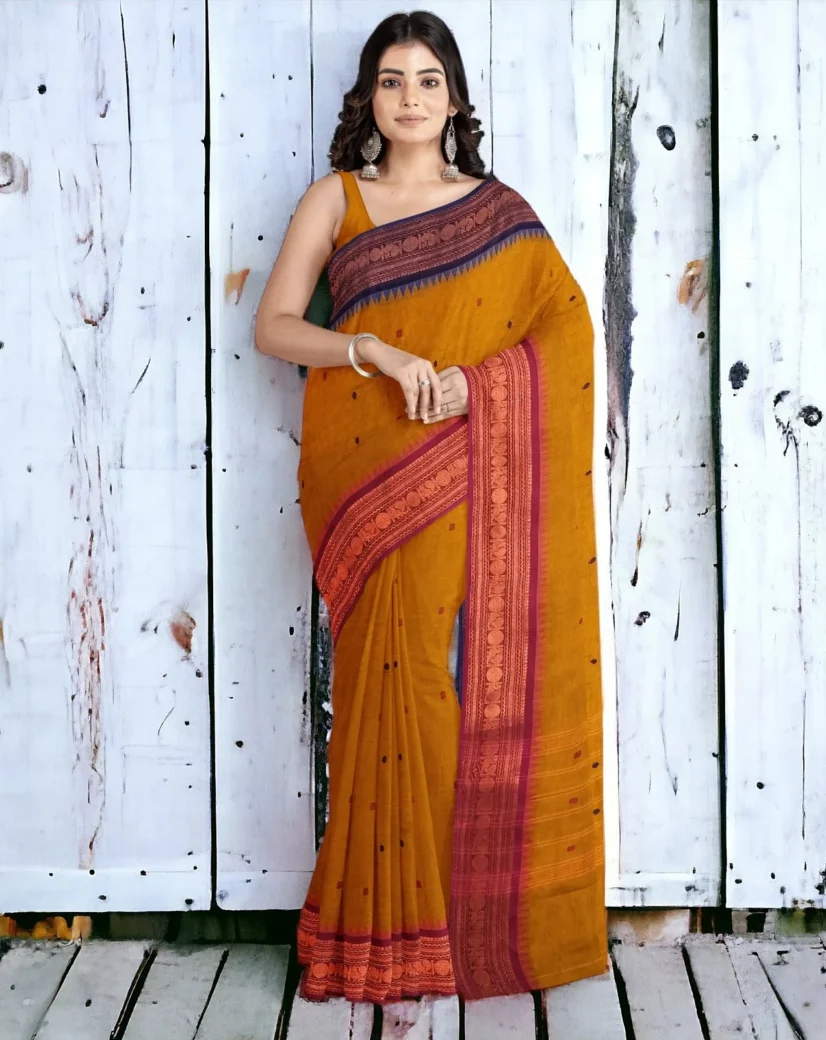 Chettinad cotton saree golden yellow with ganga jamuna border