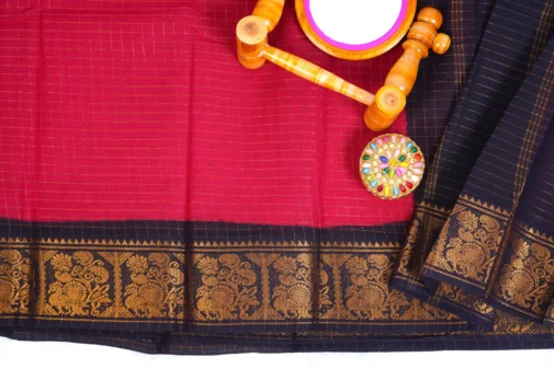 Red sungudi cotton saree with dark blue border