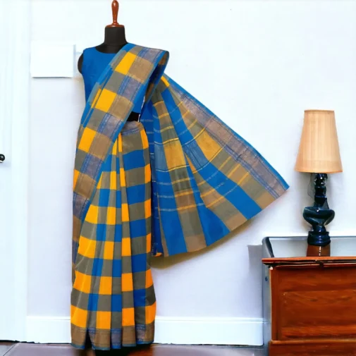 Chettinad cotton saree blue with yellow big checks