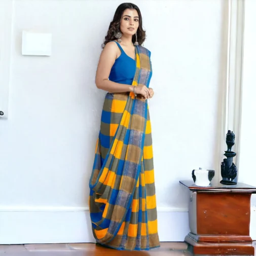 Chettinad cotton saree blue with yellow big checks
