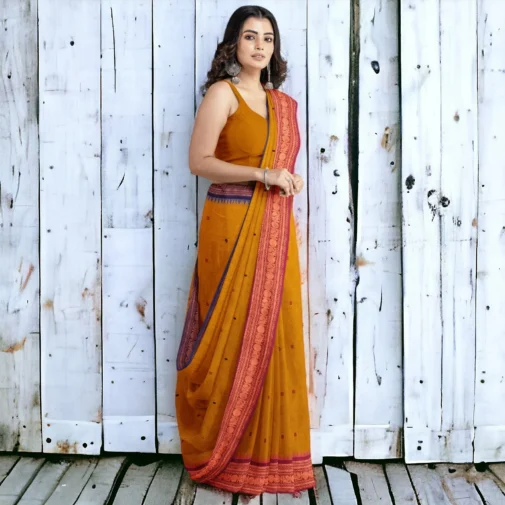 Chettinad cotton saree golden yellow with ganga jamuna border
