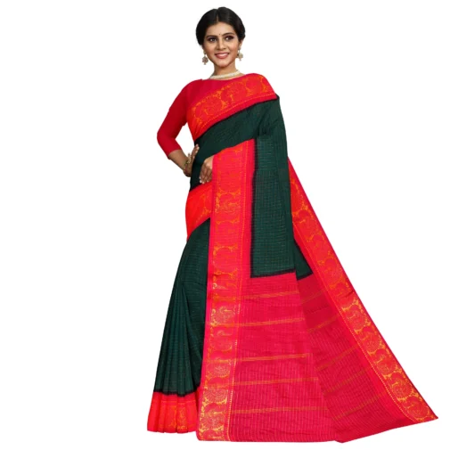 Green sungudi cotton saree with red zari border