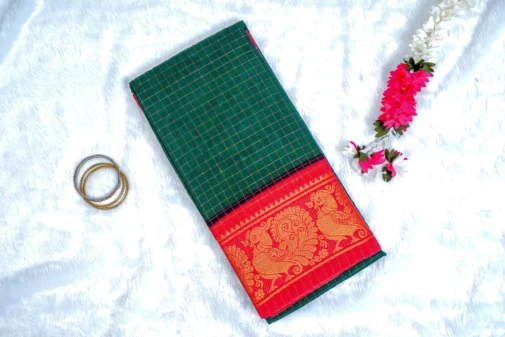 Green sungudi cotton saree with red zari border