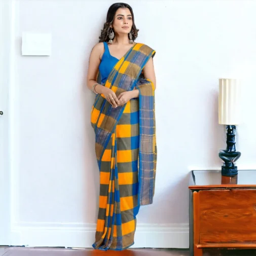 Chettinad cotton saree blue with yellow big checks