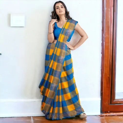 Chettinad cotton saree blue with yellow big checks