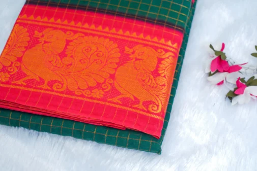 Green sungudi cotton saree with red zari border