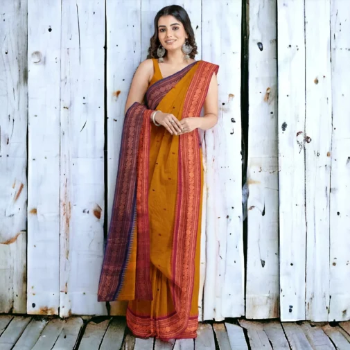 Chettinad cotton saree golden yellow with ganga jamuna border