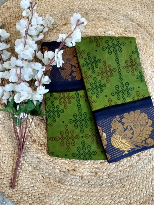 sungudi cotton saree Parrot green with rangoli print