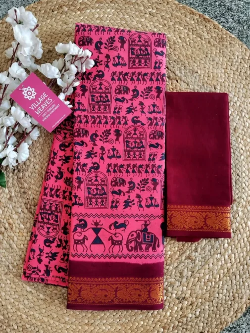 Tribal art saree pink colour with blouse