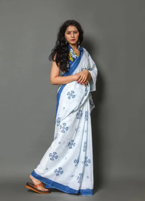 Mulmul cotton saree with blue colour floral print blouse